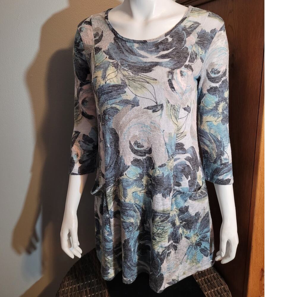 Blue Watercolor Floral Tunic Top Medium Longline Pockets Artsy Boho Layering
